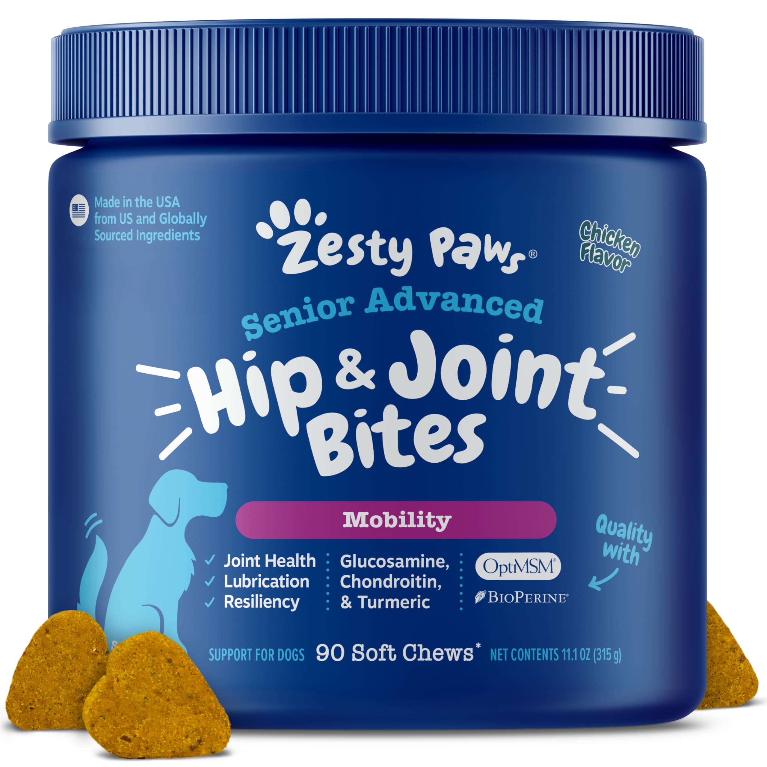 Zesty Paws front packaging showing senior joint supplement benefits