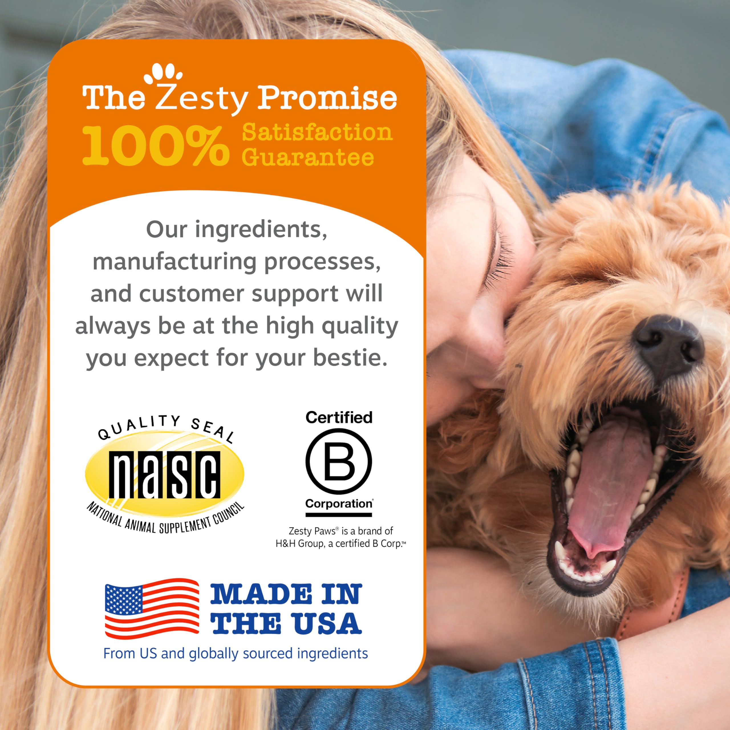 Zesty Paws label detail showing key ingredients like CoQ10 and glucosamine for support