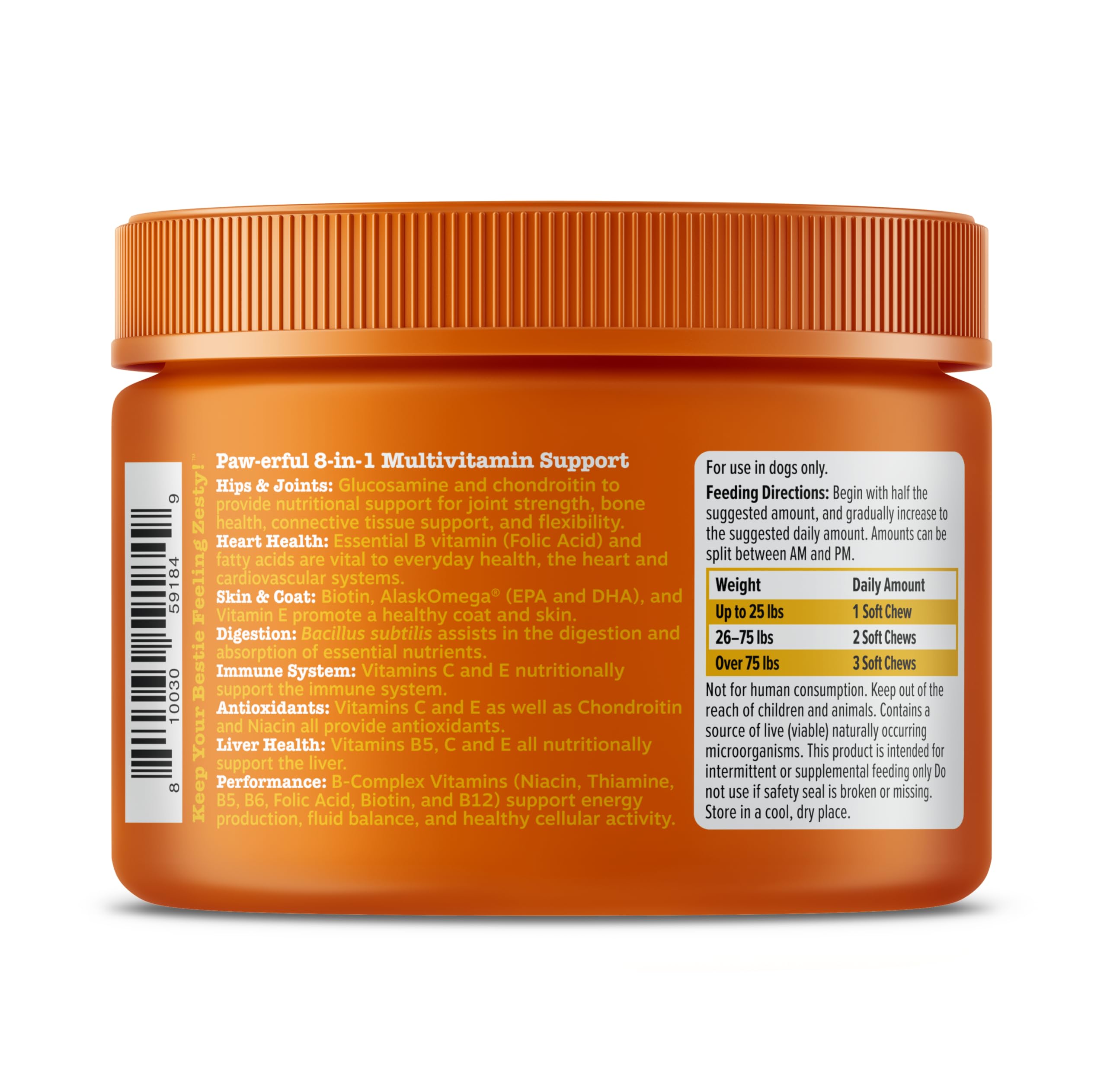 Back of Zesty Paws packaging showing supplement facts and feeding guidelines clarity