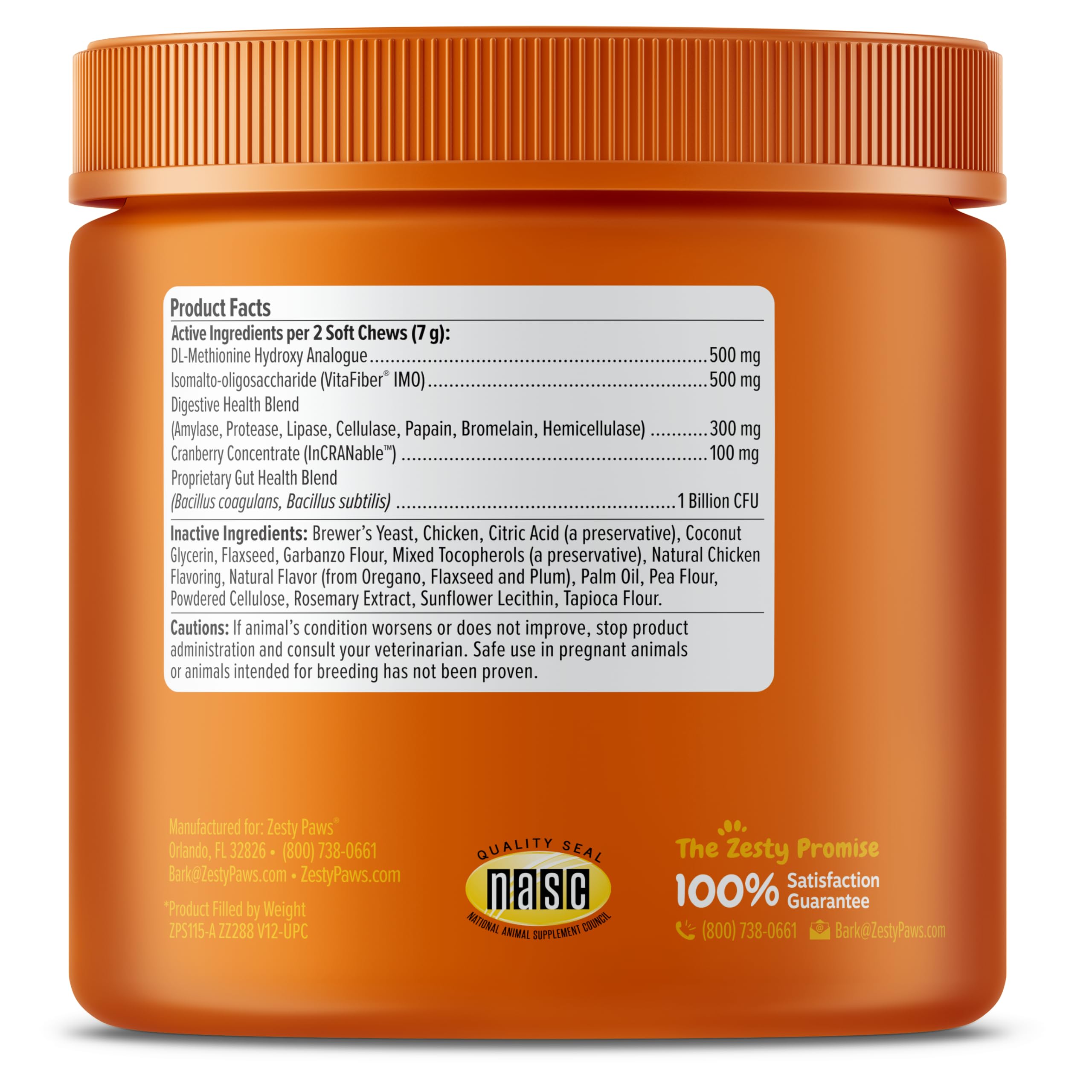 Back of Zesty Paws packaging nutrition panel showing supplement facts and dosing