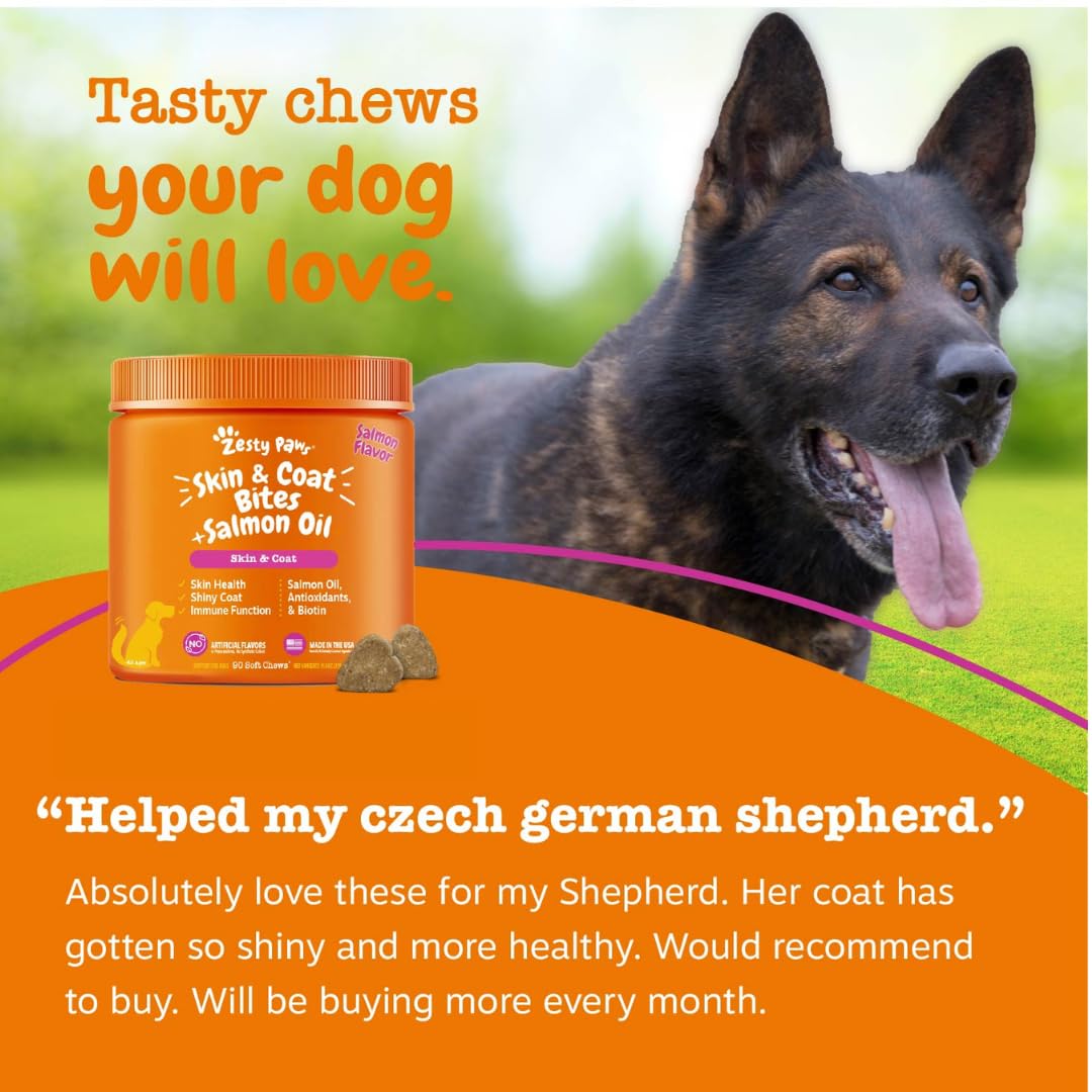 Open 90 count Zesty Paws bottle revealing uniform salmon oil chews