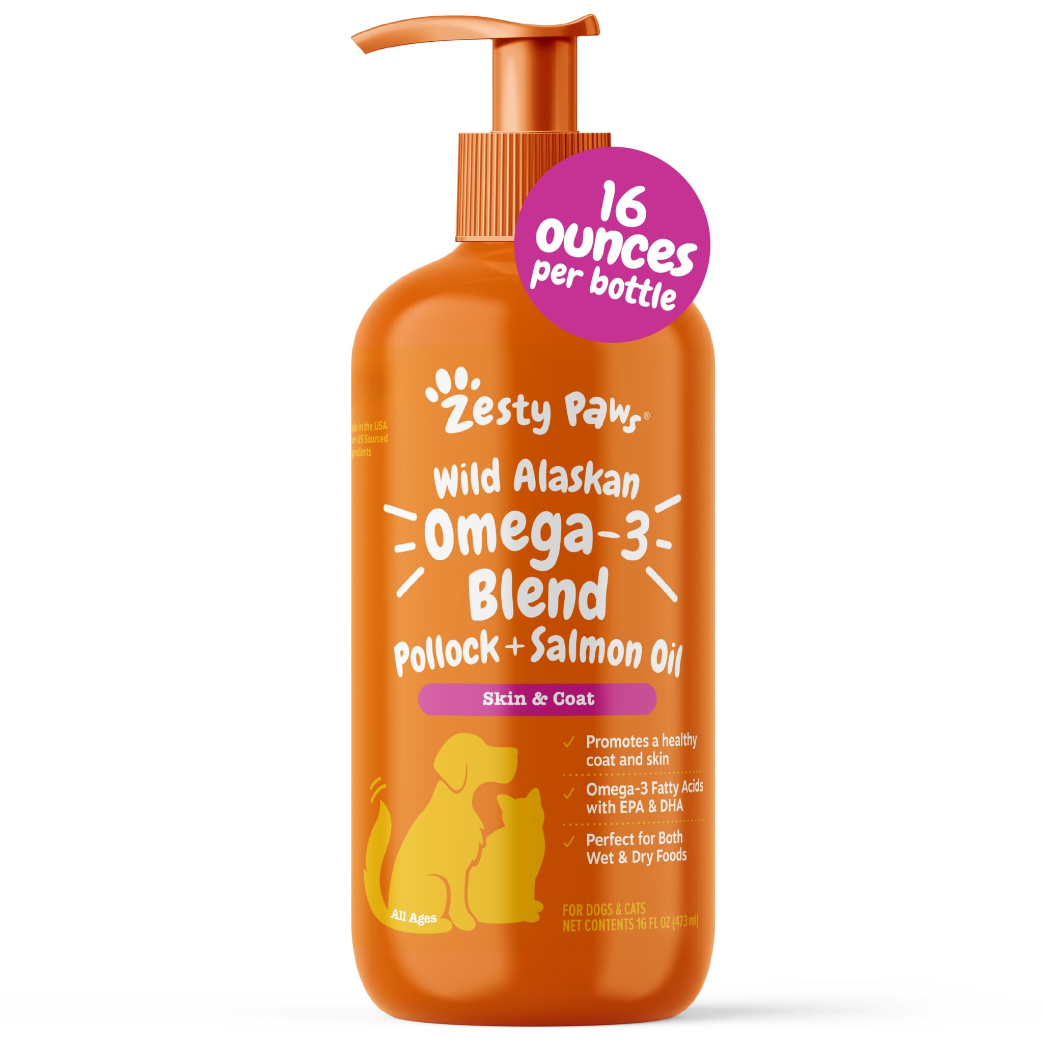 Zesty Paws front packaging showing 16 oz bottle and brand benefit