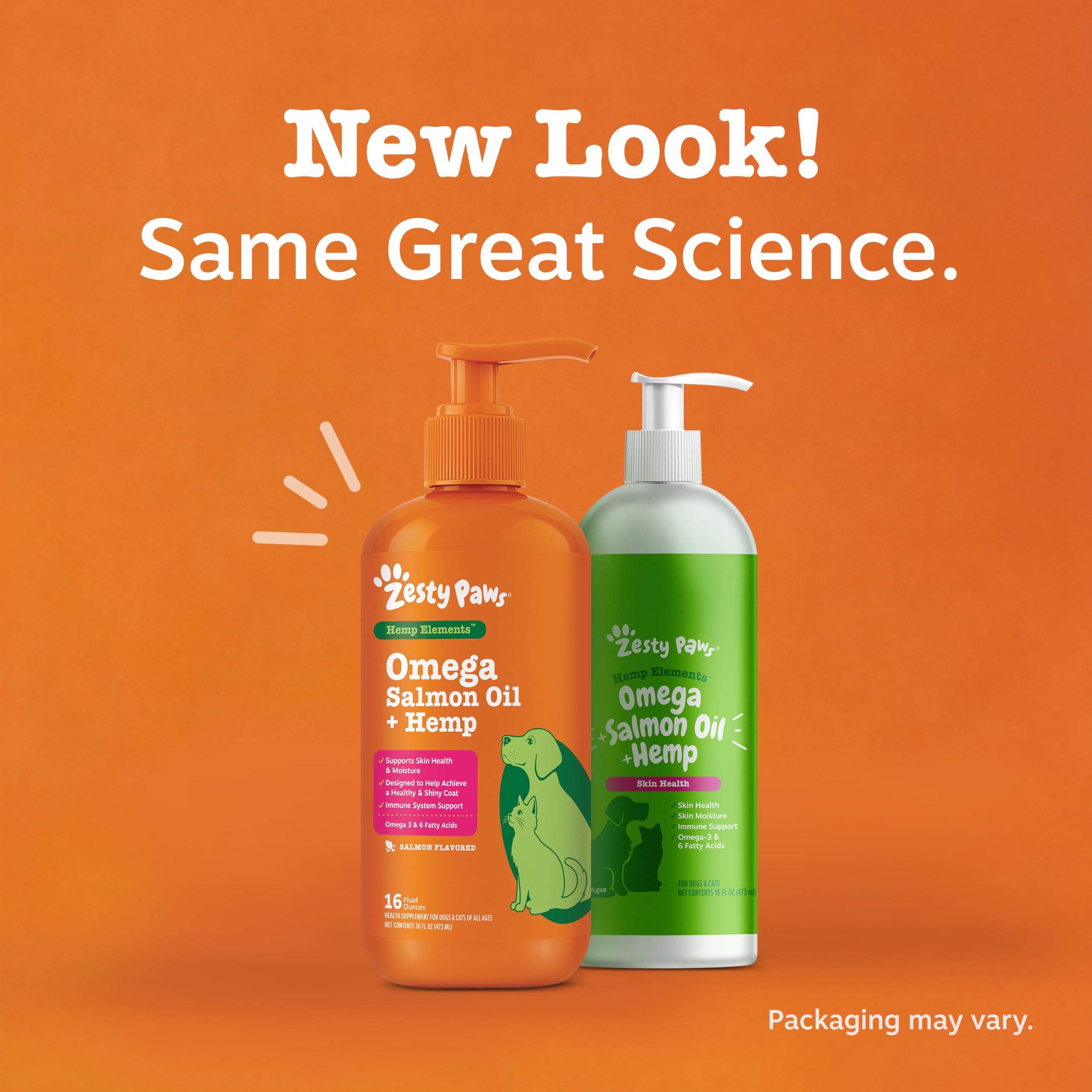 Zesty Paws ingredient callout featuring wild Alaskan salmon and hemp