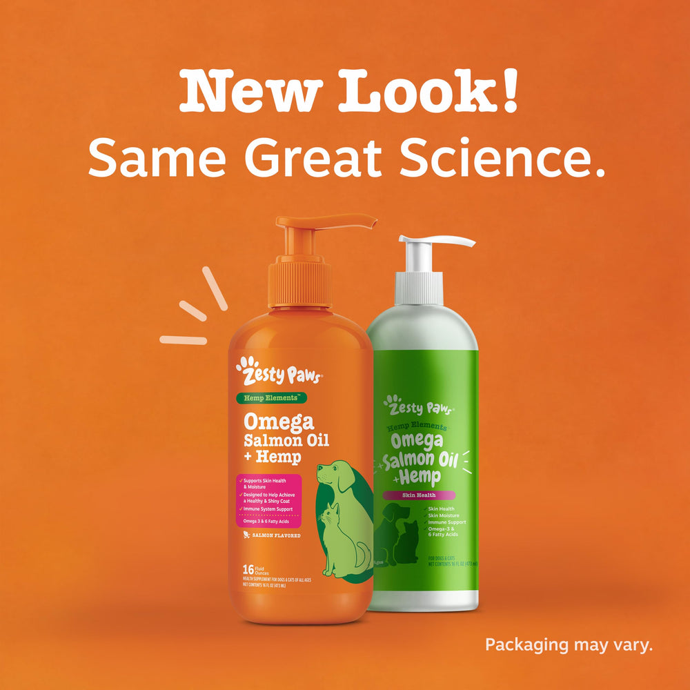 Zesty Paws ingredient callout featuring wild Alaskan salmon and hemp