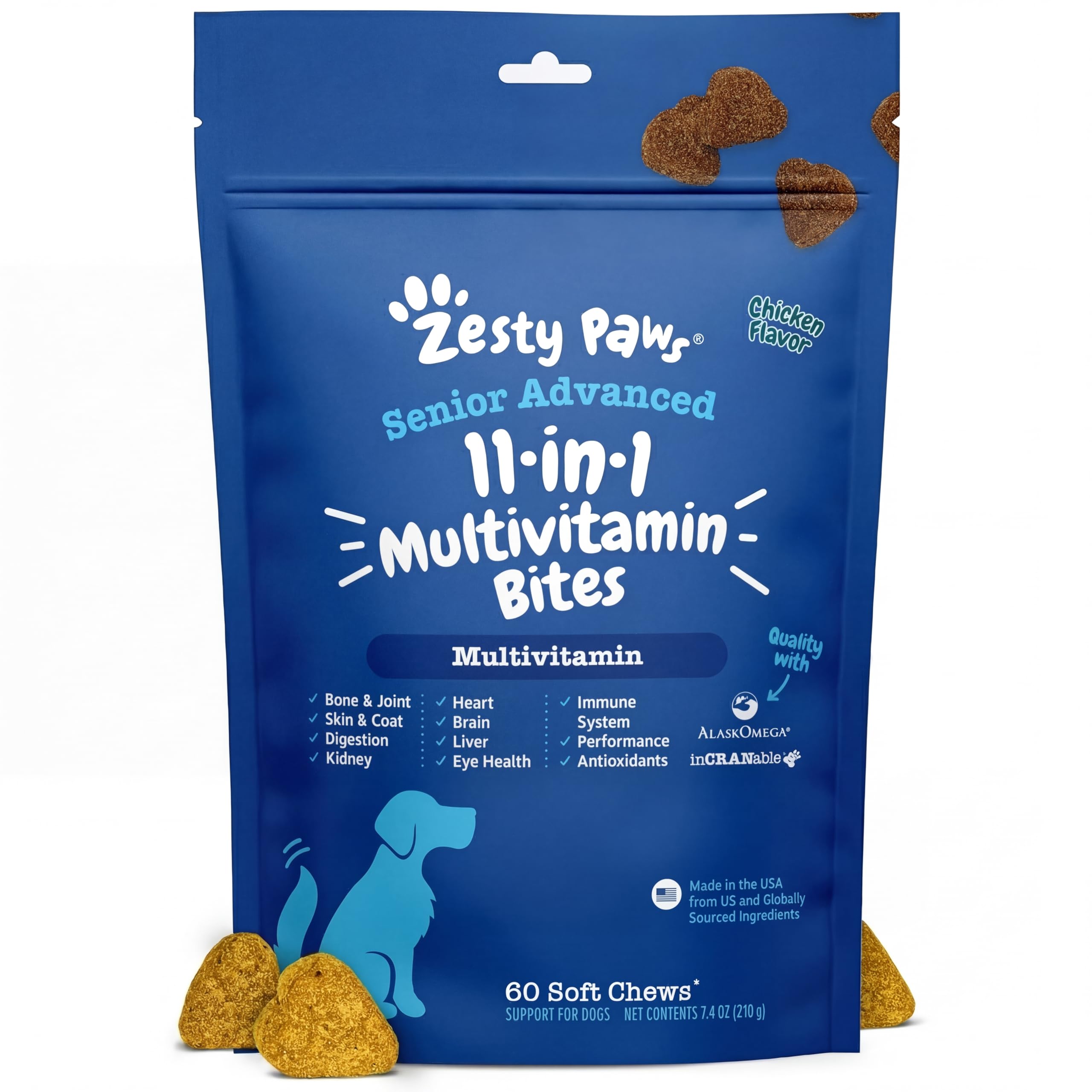 Zesty Paws front packaging showing benefits and chicken flavor