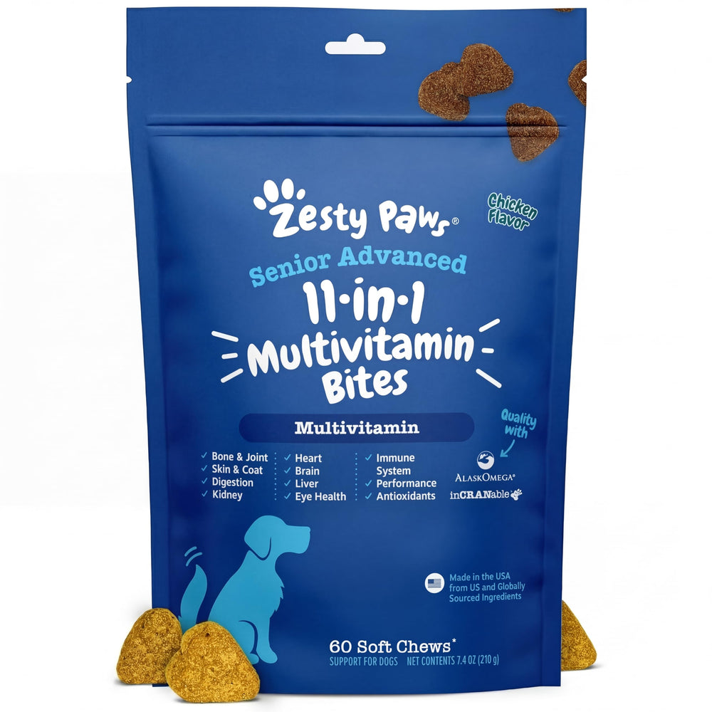 Zesty Paws front packaging showing benefits and chicken flavor