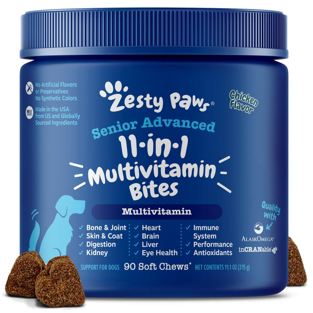 Zesty Paws front packaging showing 90-count jar and benefits