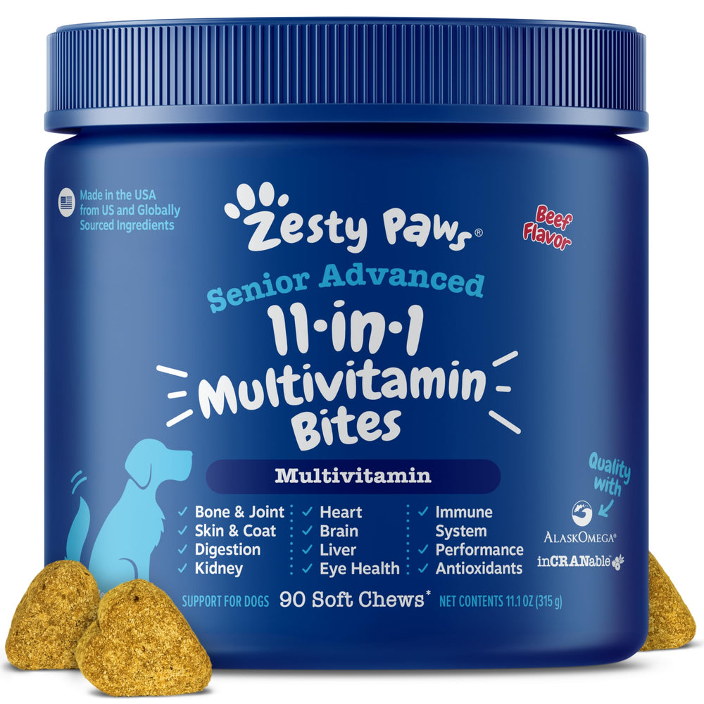 Zesty Paws front packaging showing senior multivitamin benefits
