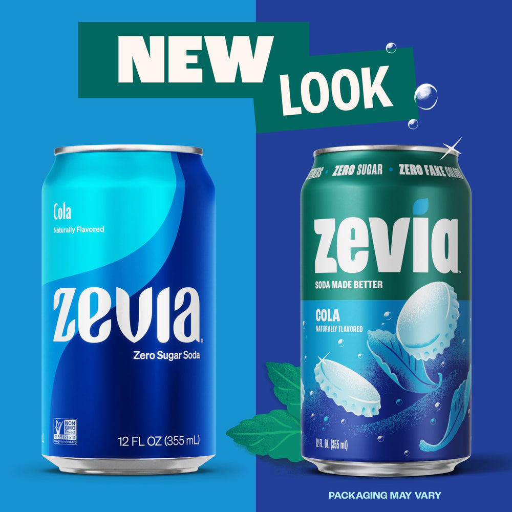 Zevia 24-can pack side label showing ingredients and certification badges