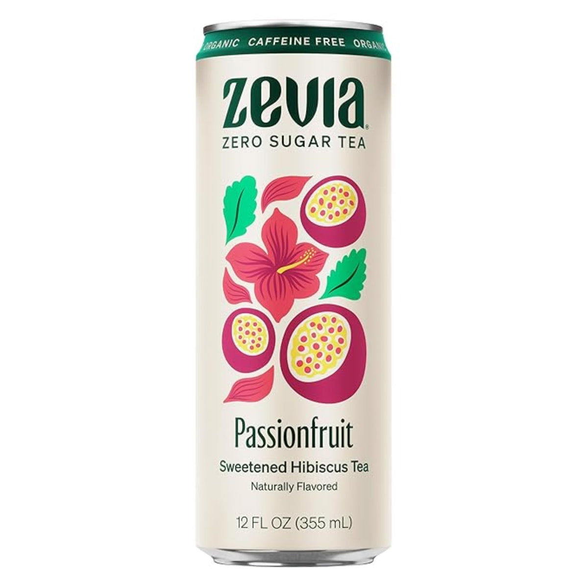 Zevia front packaging showing hibiscus passionfruit cans and lively branding, great for quick selection