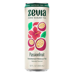 Zevia front packaging showing hibiscus passionfruit cans and lively branding, great for quick selection