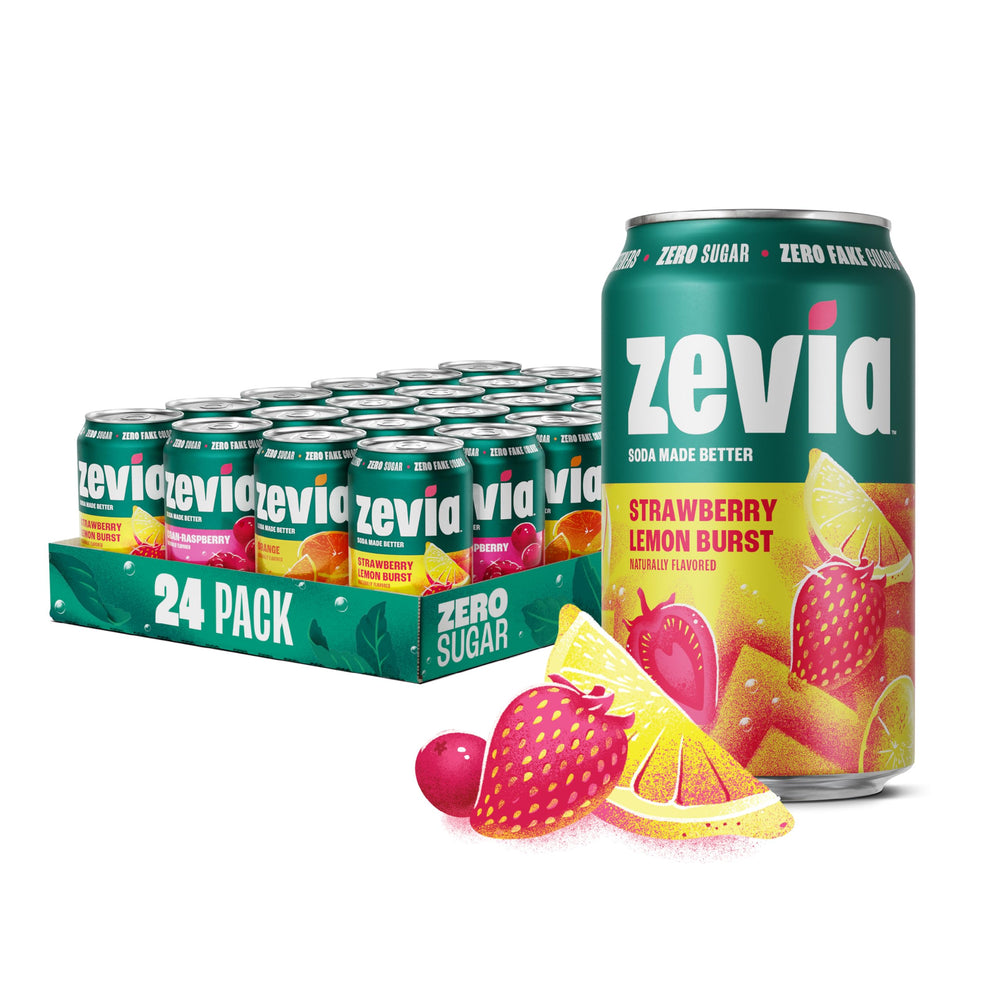 Zevia fruity variety pack front view showing all three flavors and cans
