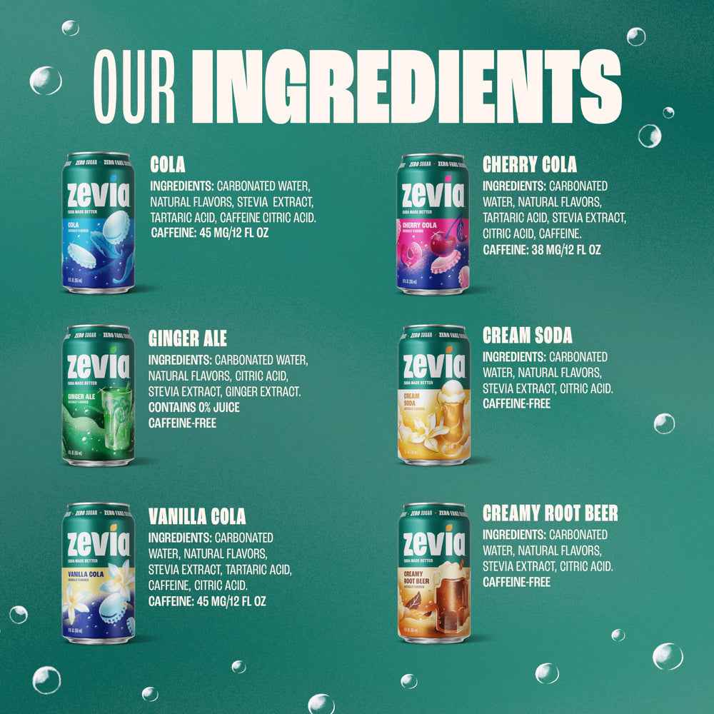 Zevia ginger ale over ice in a glass, brand offering crisp zesty refreshment