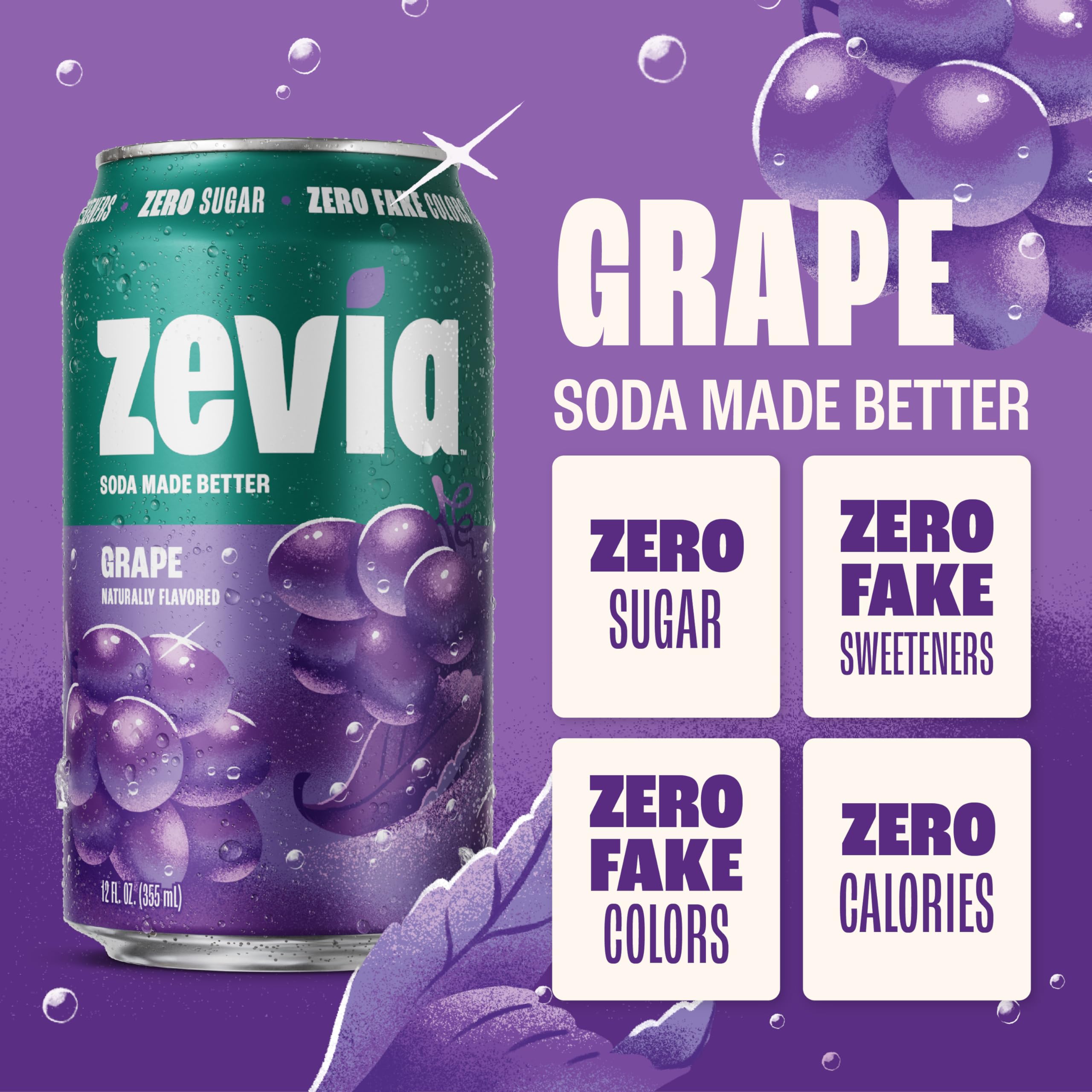 Zevia grape can close-up highlighting branding and easy-pull tab convenience