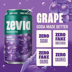 Zevia grape can close-up highlighting branding and easy-pull tab convenience