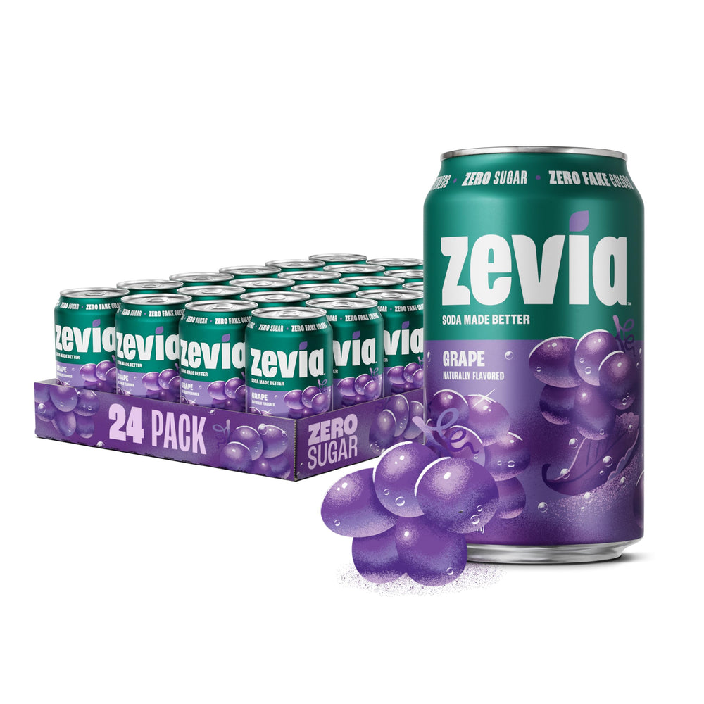 Zevia grape front packaging showing can design and branding benefits