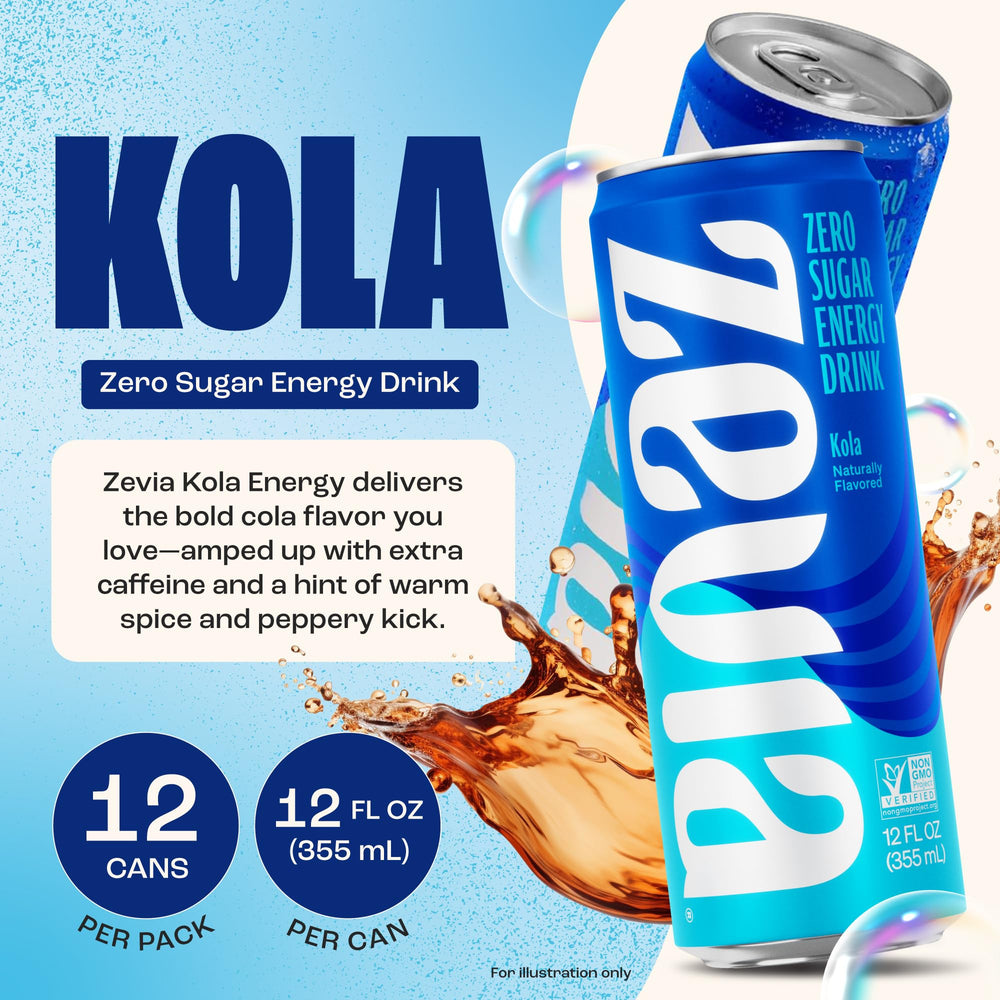 Zevia Kola Energy can close-up showing can texture and bold branding benefit