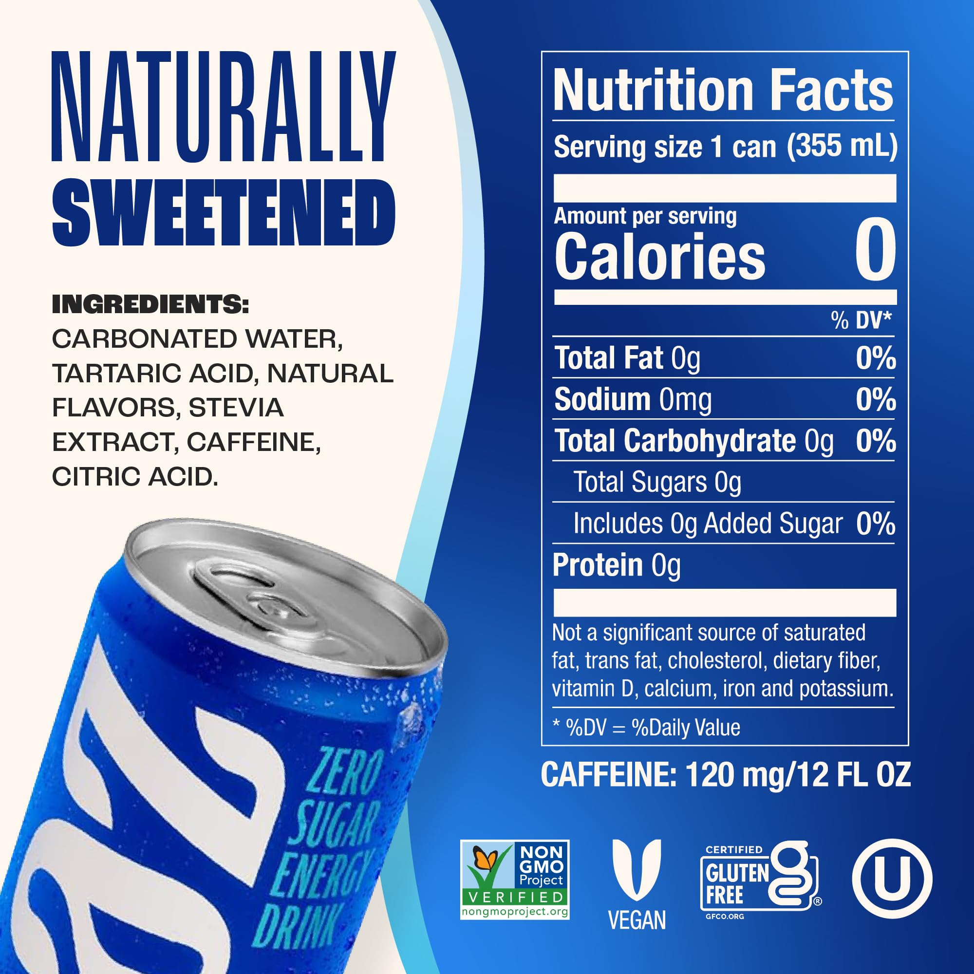 Zevia Kola Energy nutrition label close-up highlighting natural sweeteners benefit