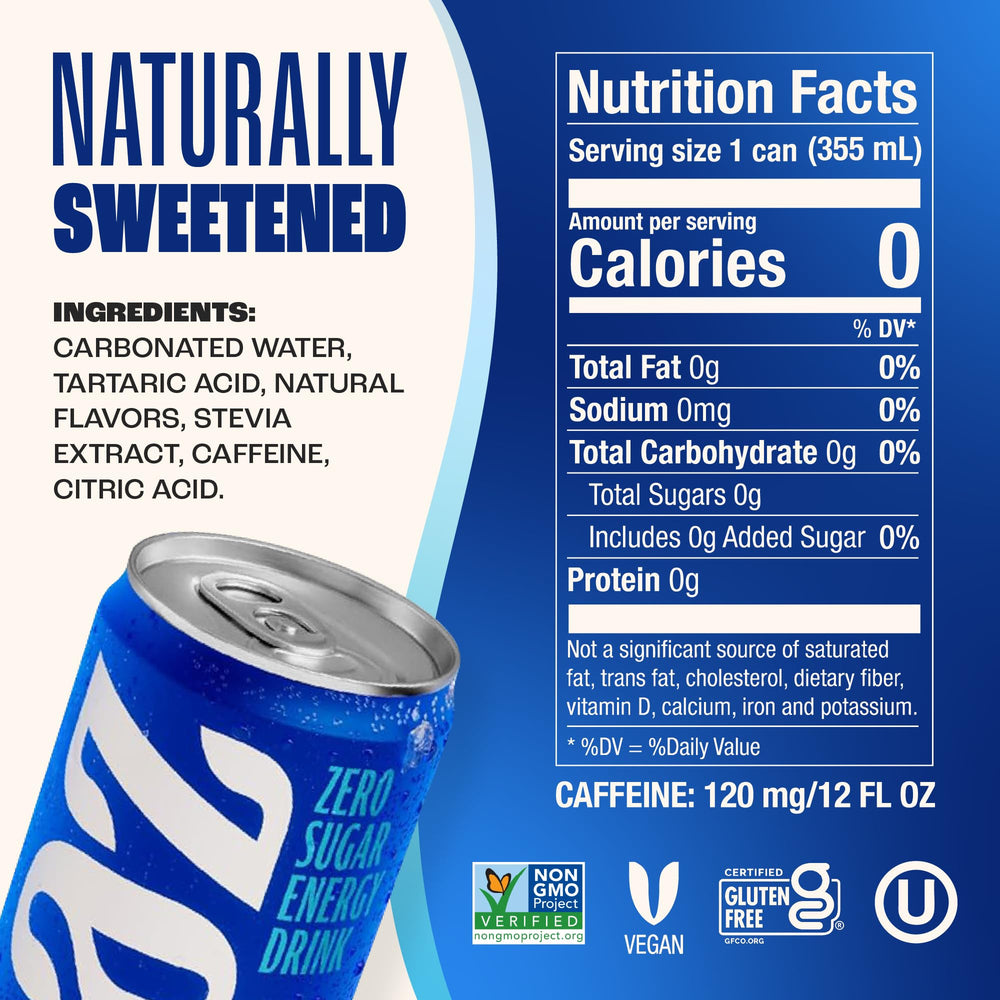 Zevia Kola Energy nutrition label close-up highlighting natural sweeteners benefit