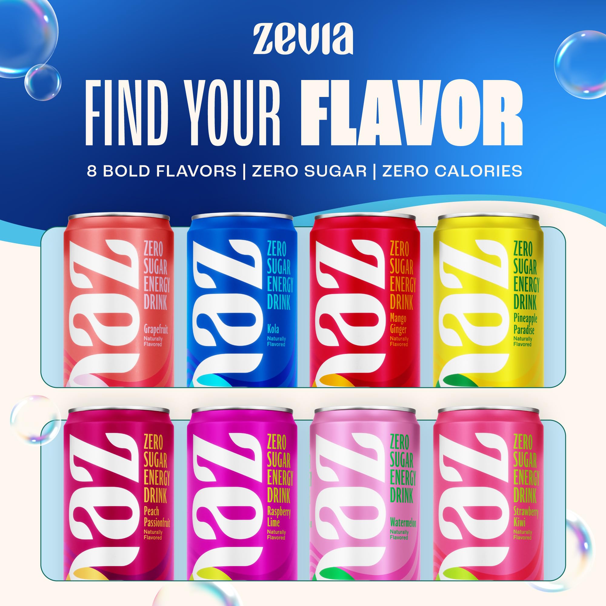 Zevia Kola Energy poured into glass with ice showing crisp serving benefit