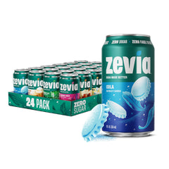 Zevia front view of 24-can nostalgic variety pack, clear ingredient messaging