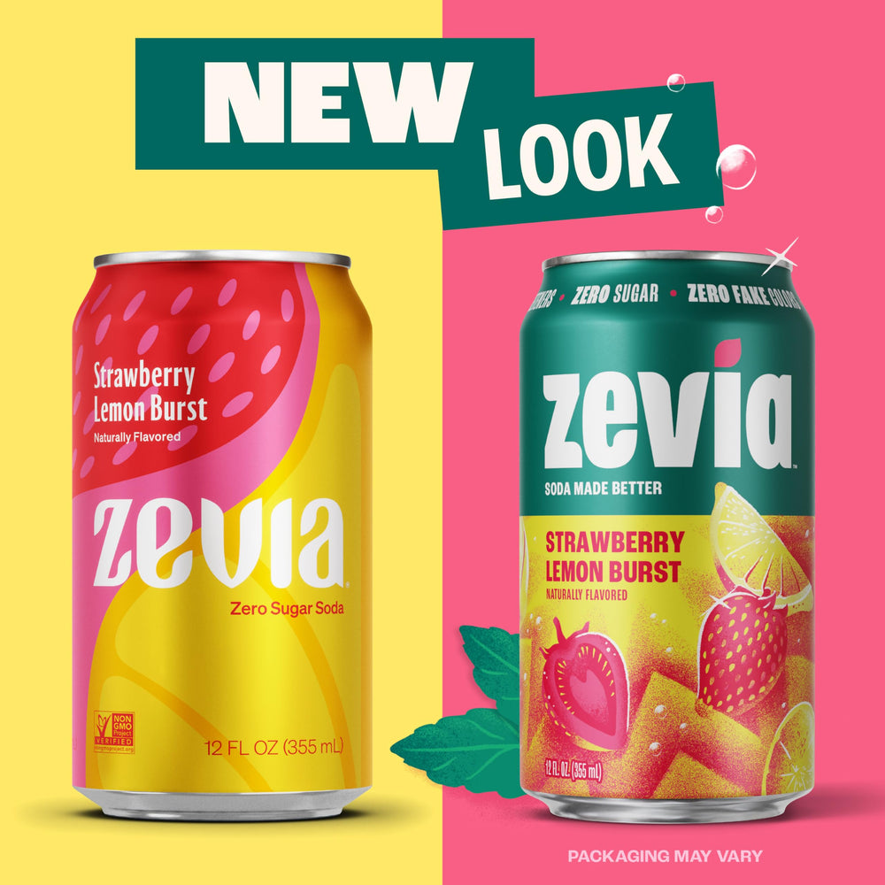 Zevia poured into glass with ice showing fizzy refreshment without sugar