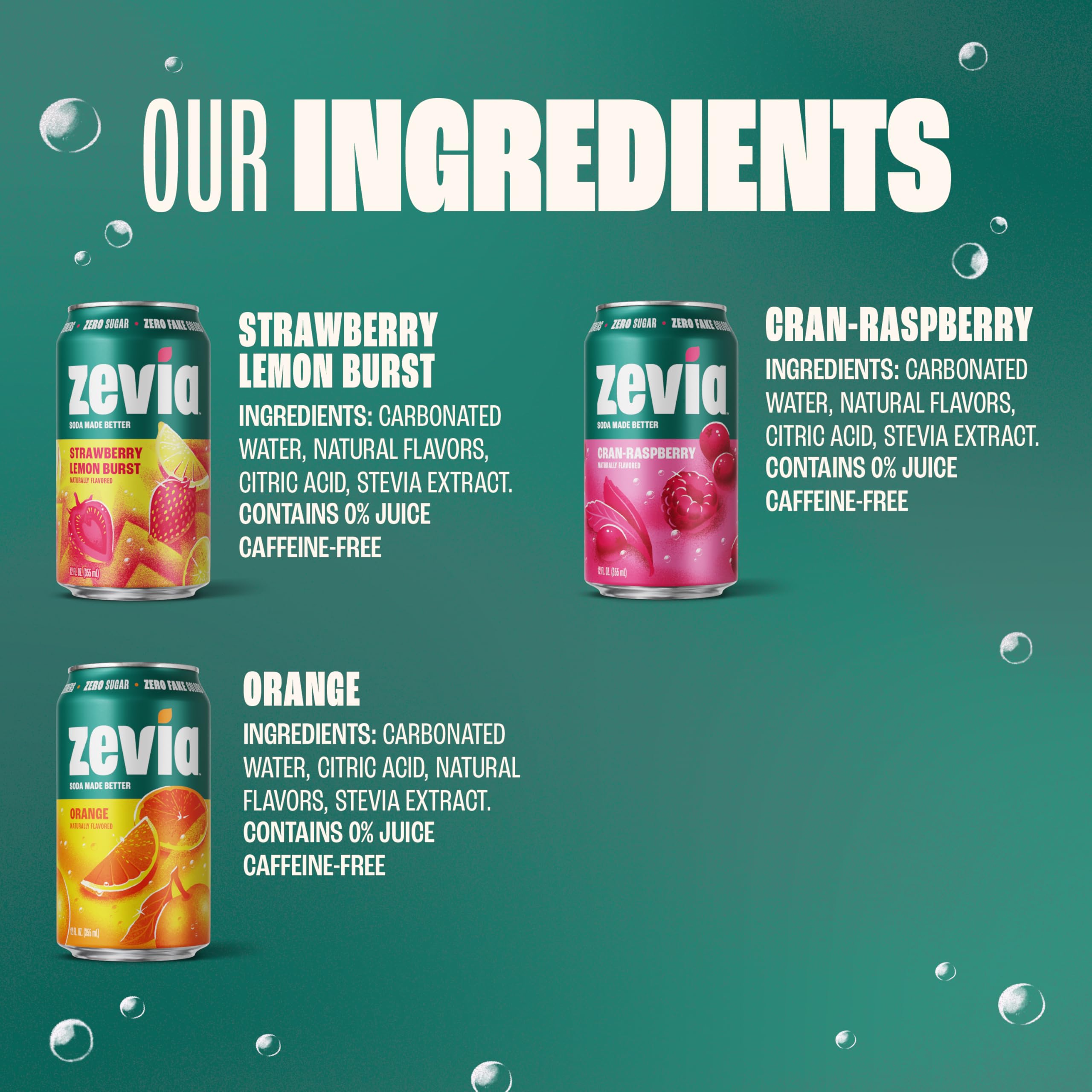 Three Zevia cans side-by-side showing flavor variety and zero sugar benefit