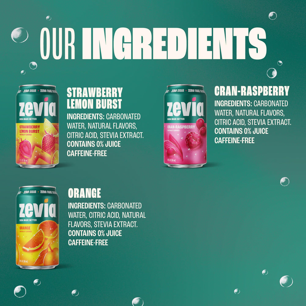 Three Zevia cans side-by-side showing flavor variety and zero sugar benefit
