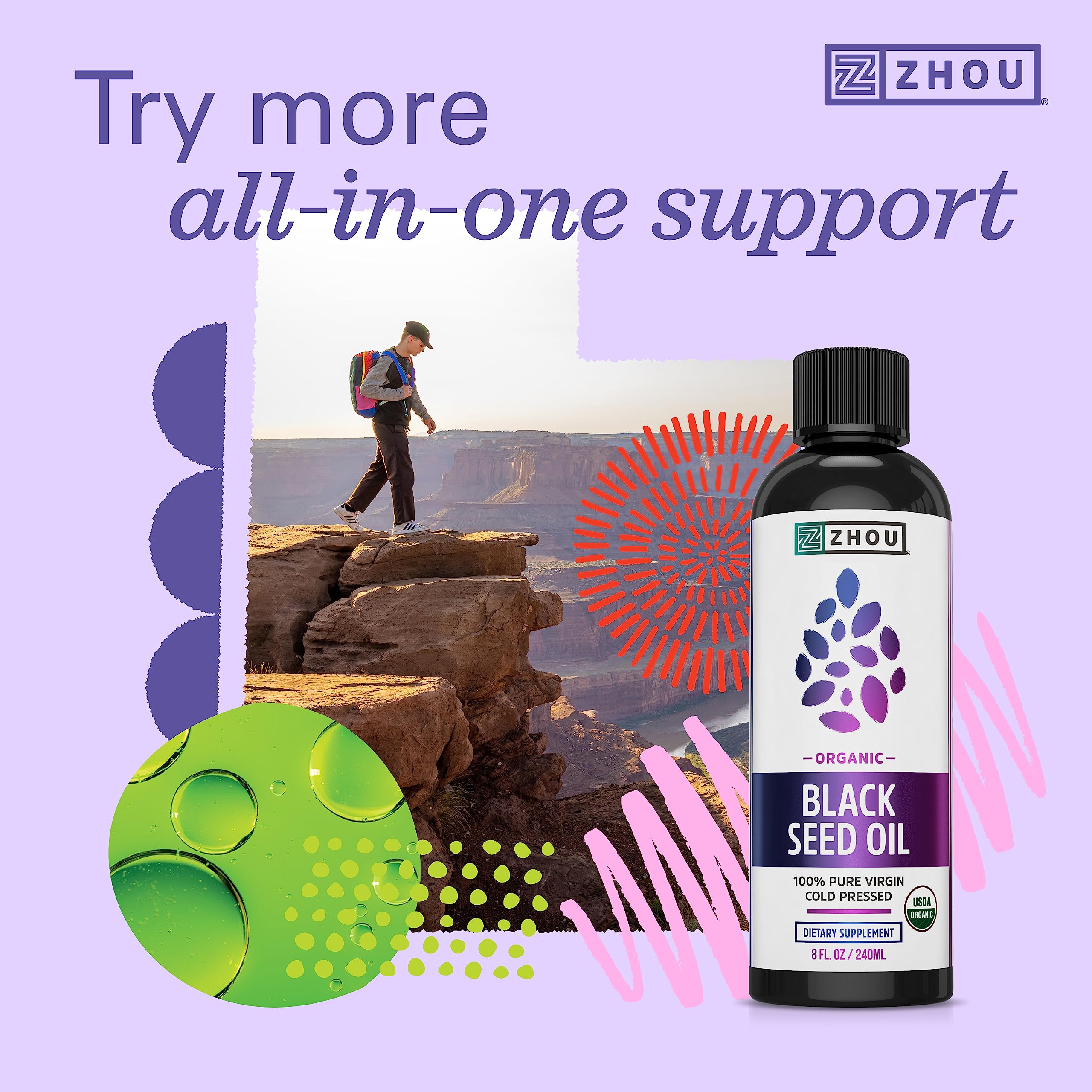 ZHOU bottle on kitchen counter conveying daily routine support