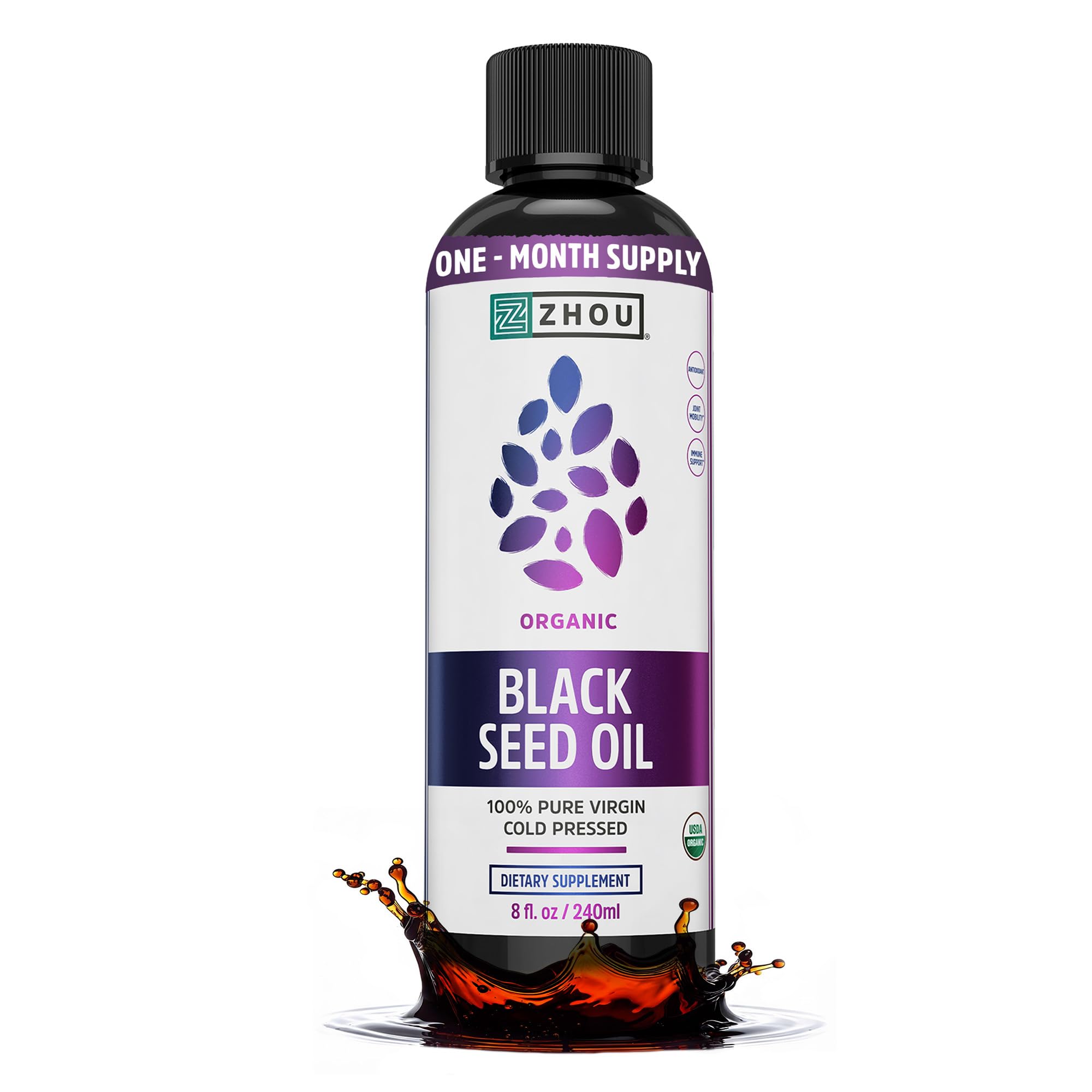ZHOU bottle front view showing organic black seed oil and benefits