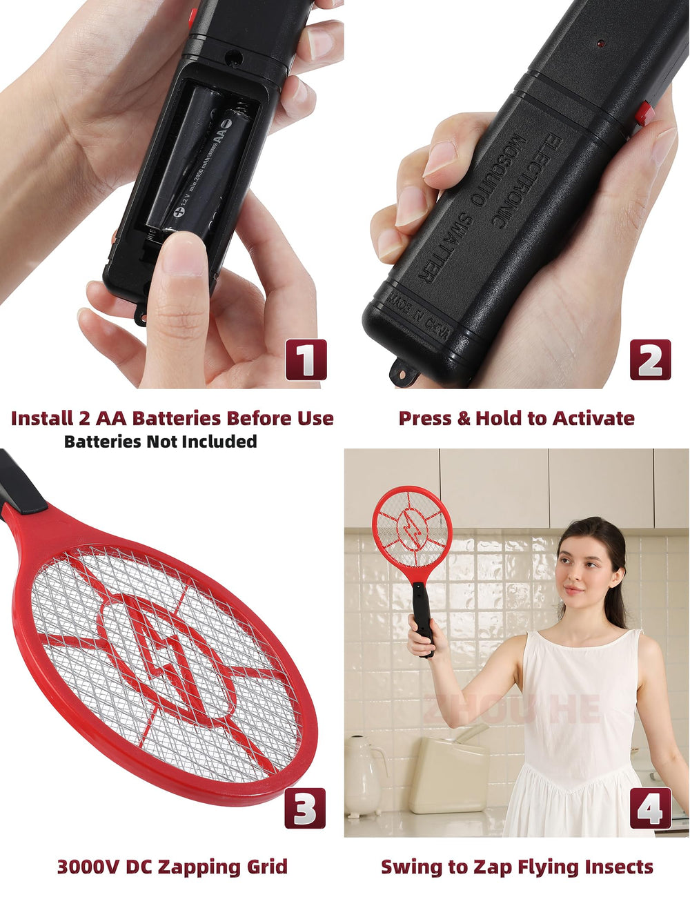 ZHOU HE racket being used on a patio showing outdoor pest control convenience