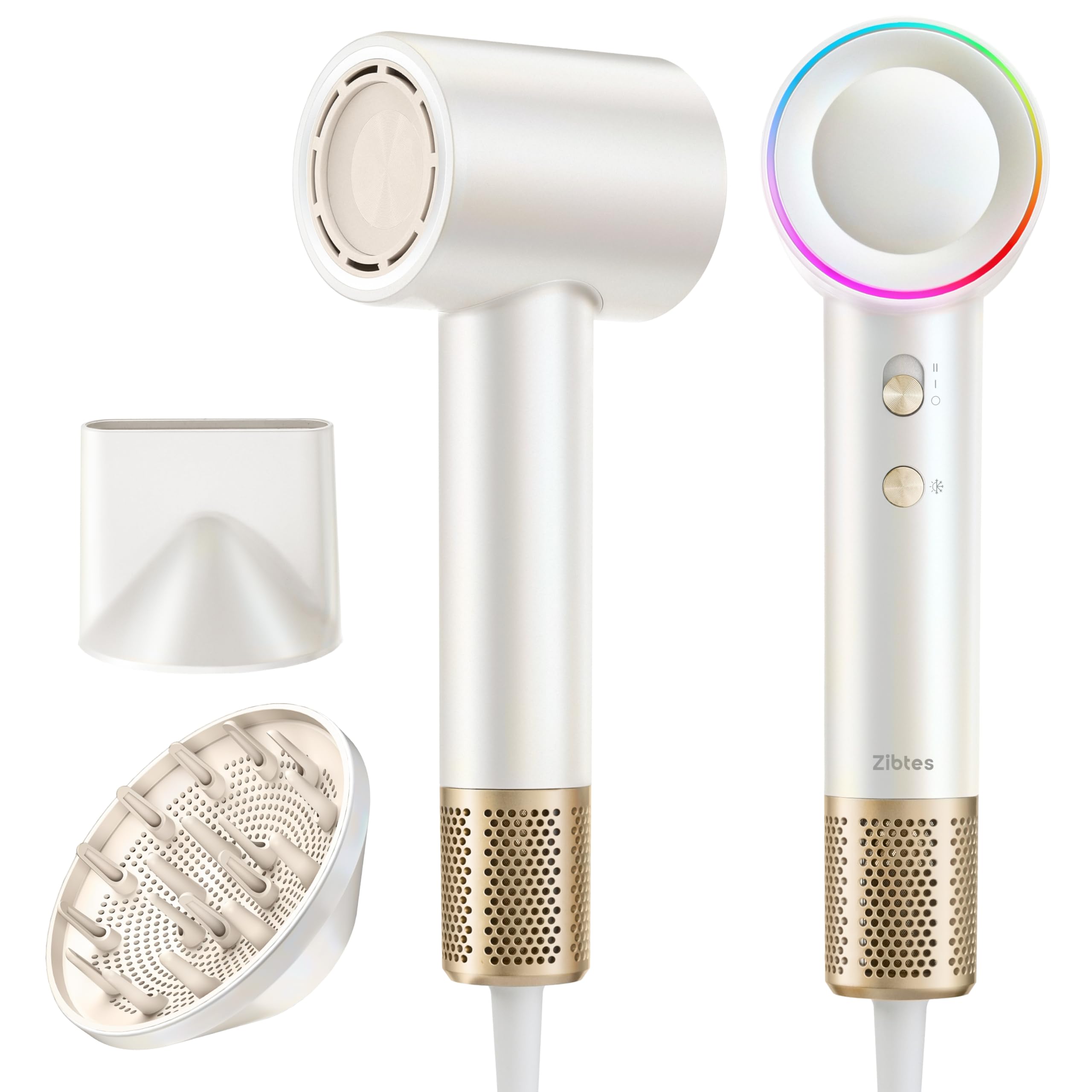 Zibtes front view of white dryer showing sleek design and fast styling benefit