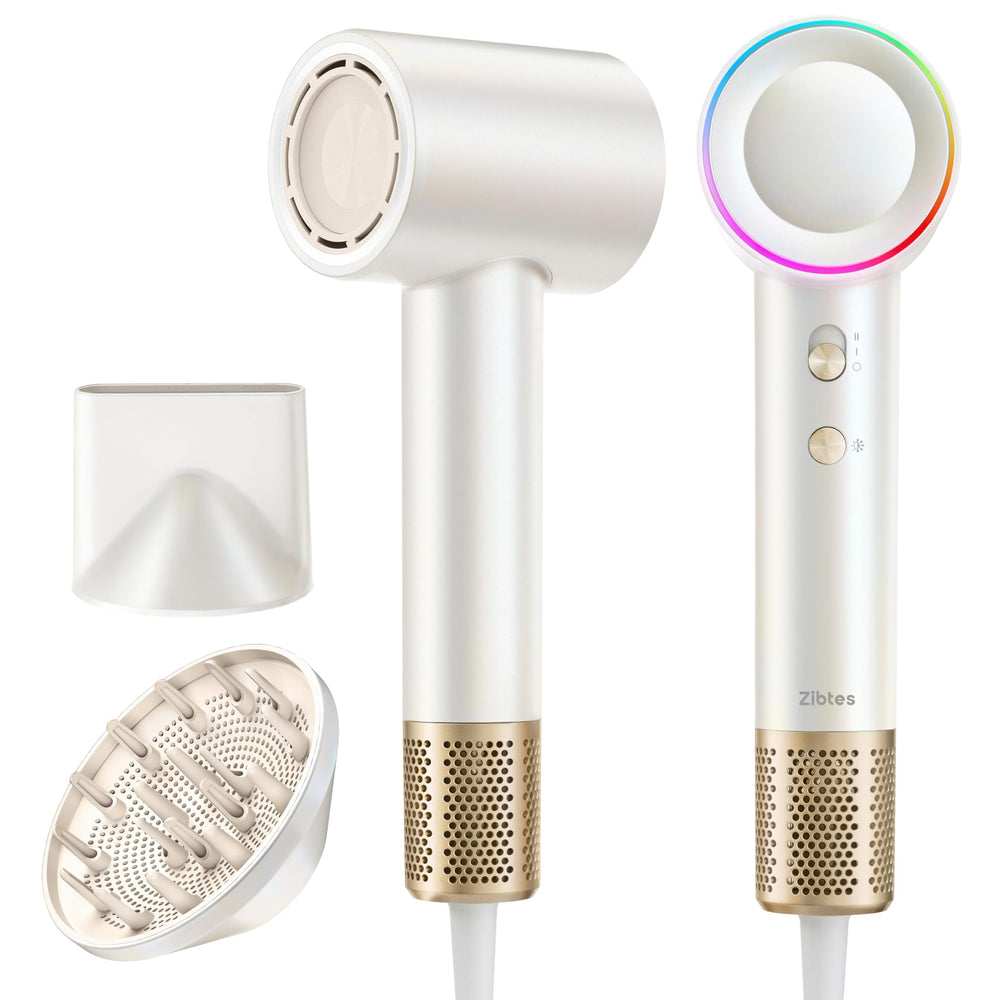 Zibtes front view of white dryer showing sleek design and fast styling benefit