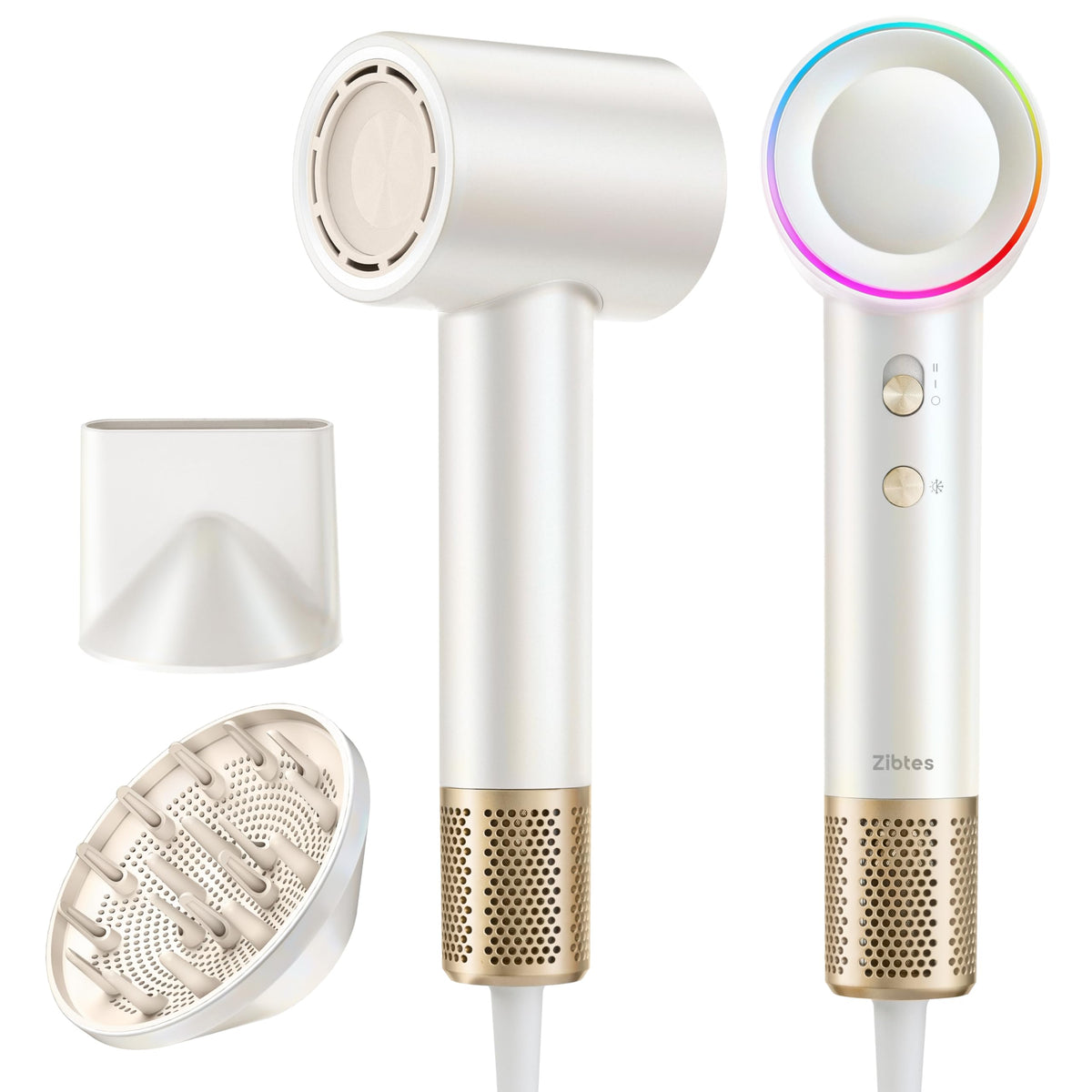 Zibtes front view of white dryer showing sleek design and fast styling benefit