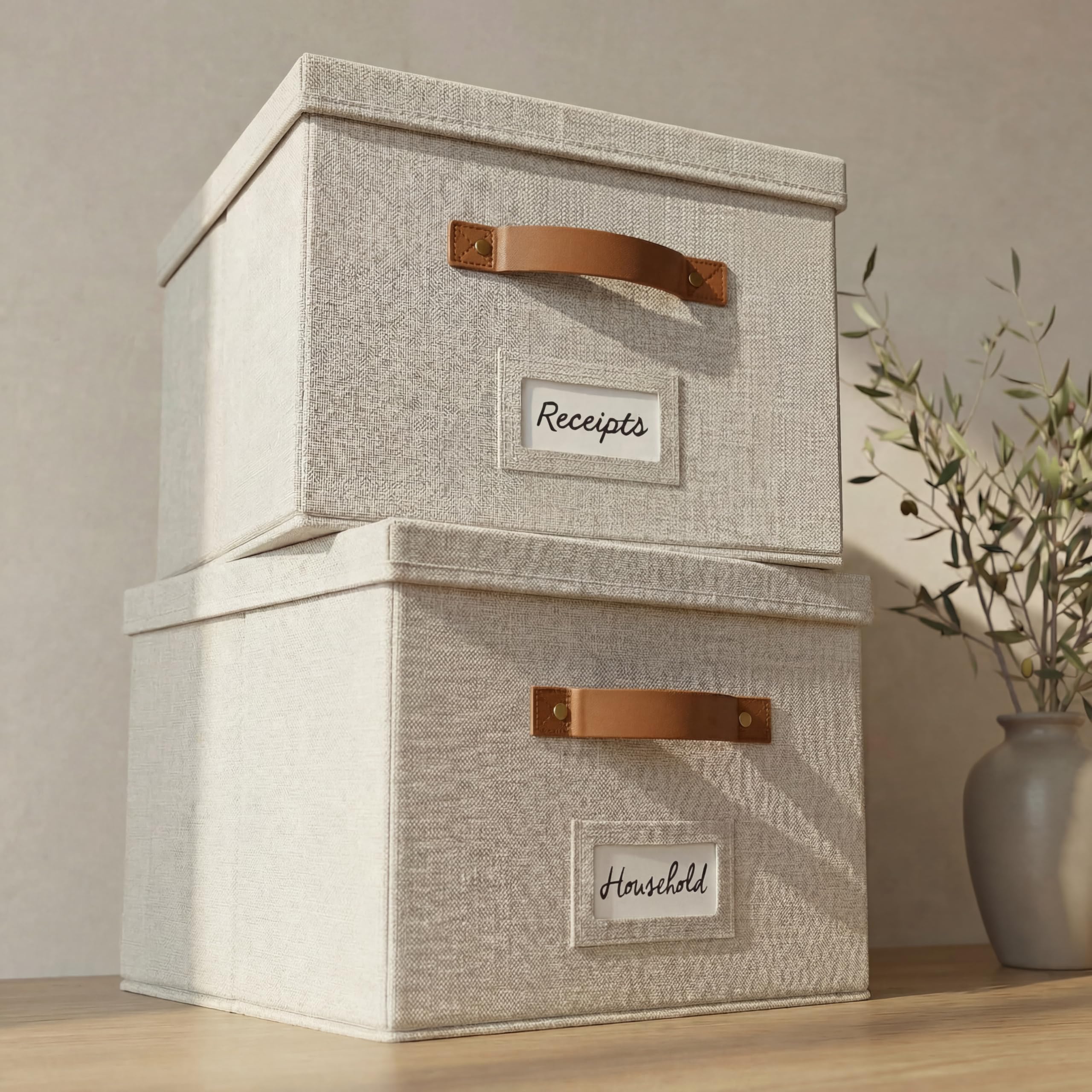 ZICOTO front view of ivory linen file box set showing neat storage benefit