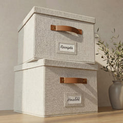 ZICOTO front view of ivory linen file box set showing neat storage benefit