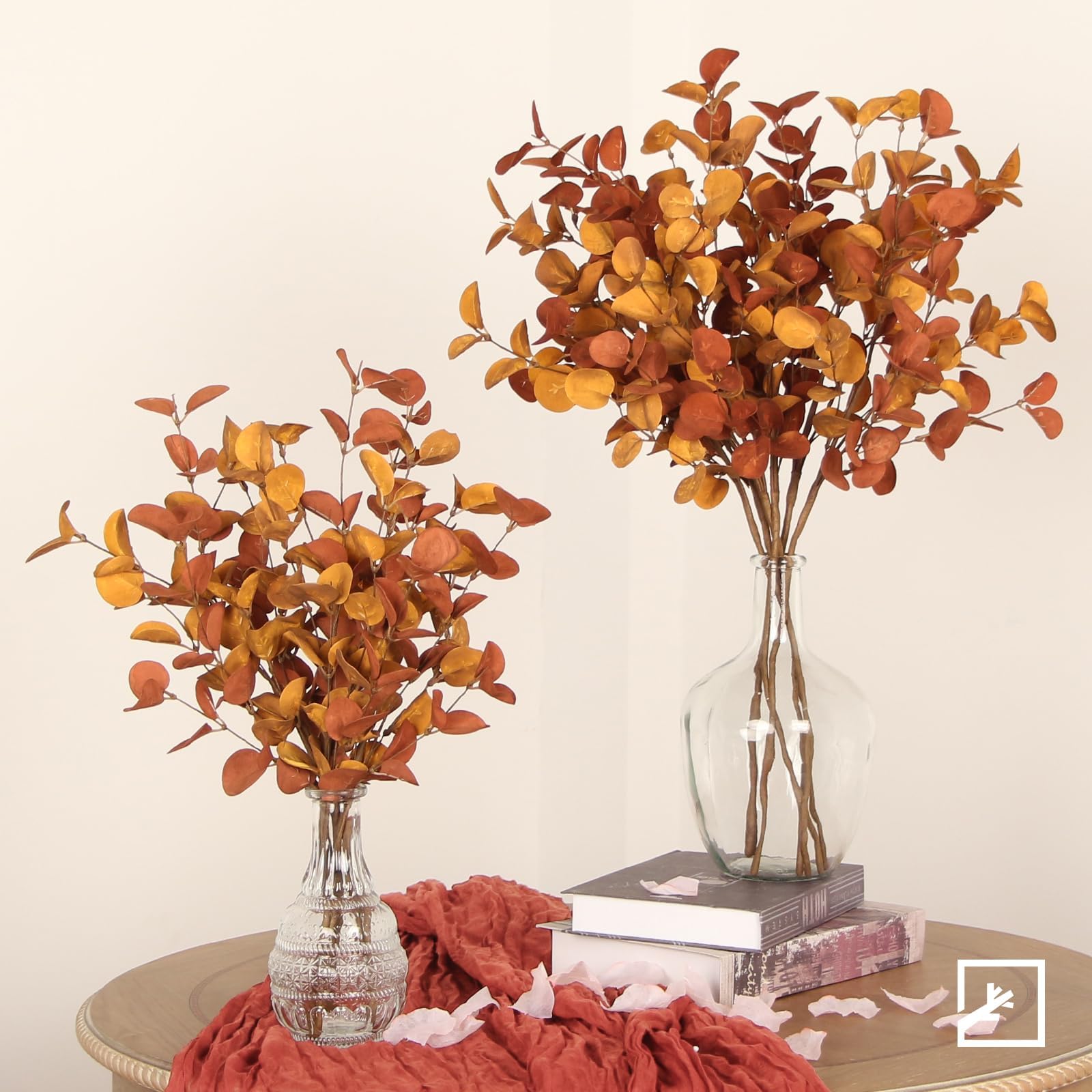 ZIFTY tabletop centerpiece with eucalyptus stems enhancing Thanksgiving or dining decor