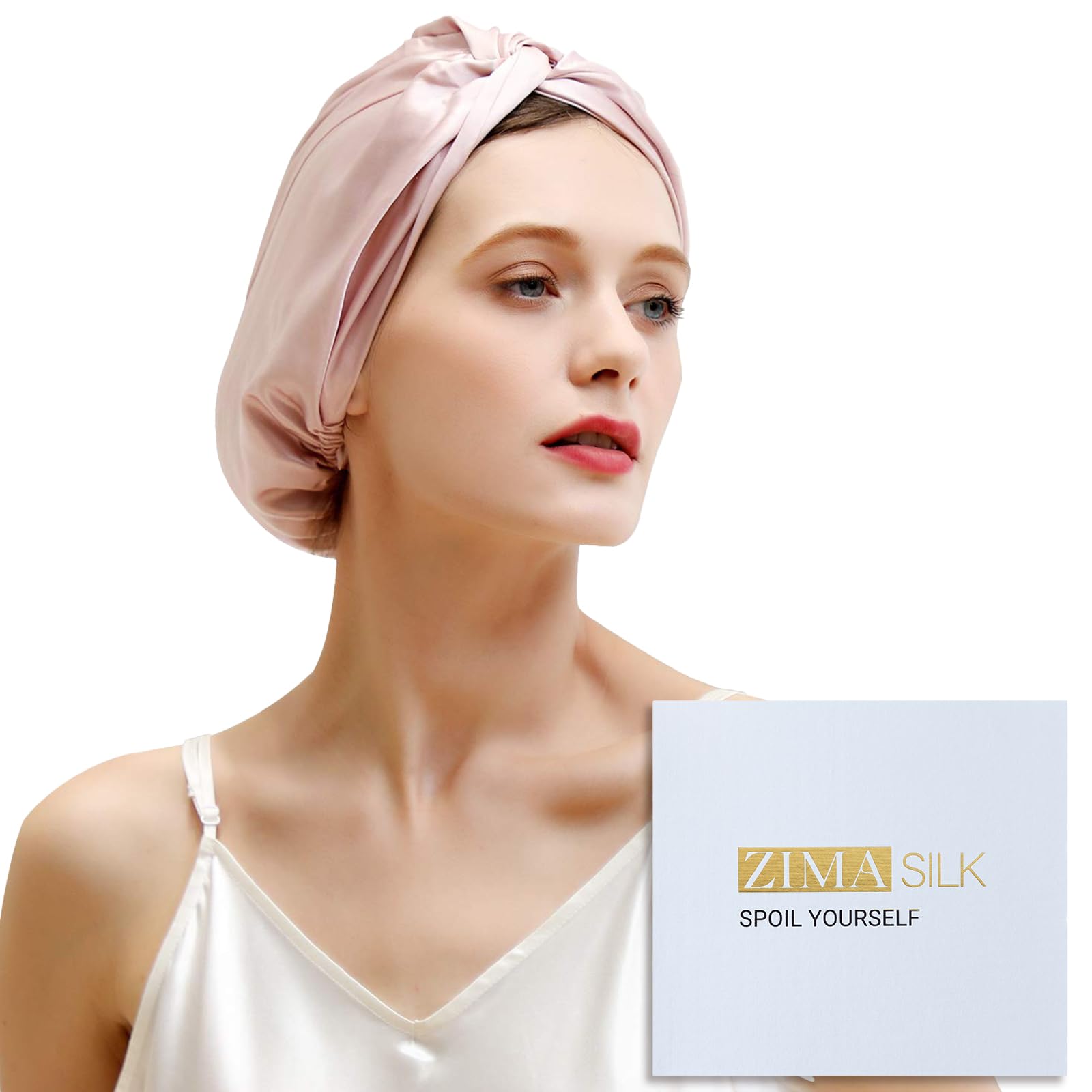 ZIMASILK bonnet front view showing smooth pink silk and elegant shine
