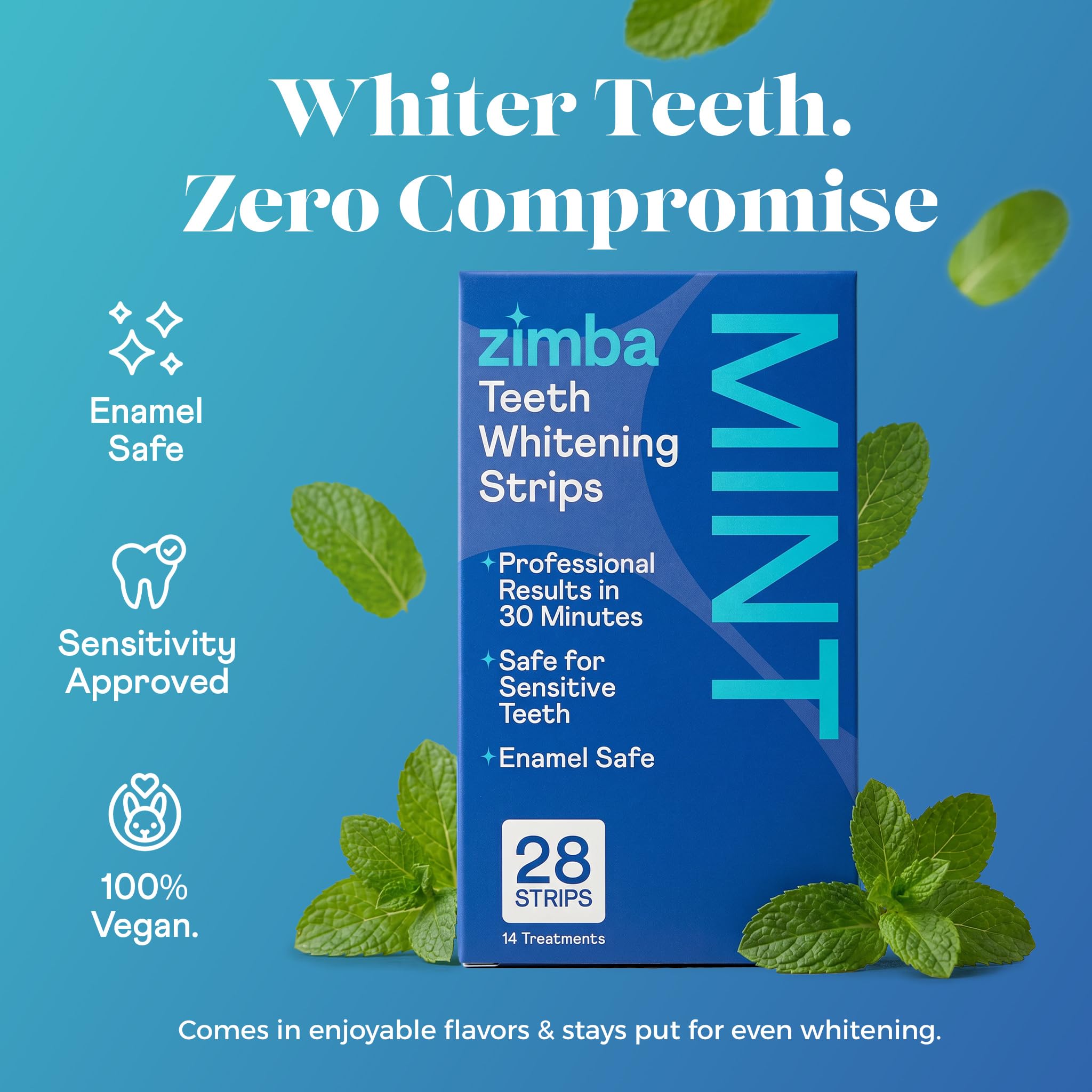 Zimba product label highlighting vegan, enamel-safe and mint claims