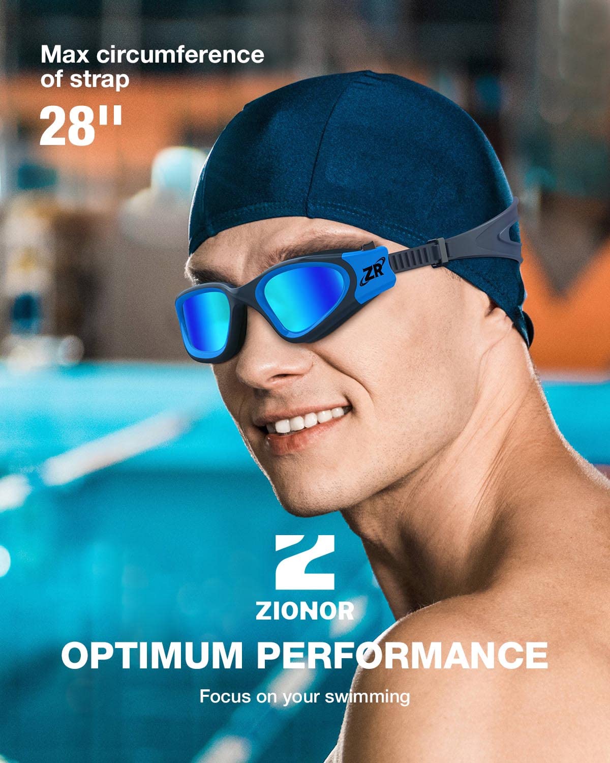 ZIONOR swimmer wearing goggles in pool showing stable fit during stroke