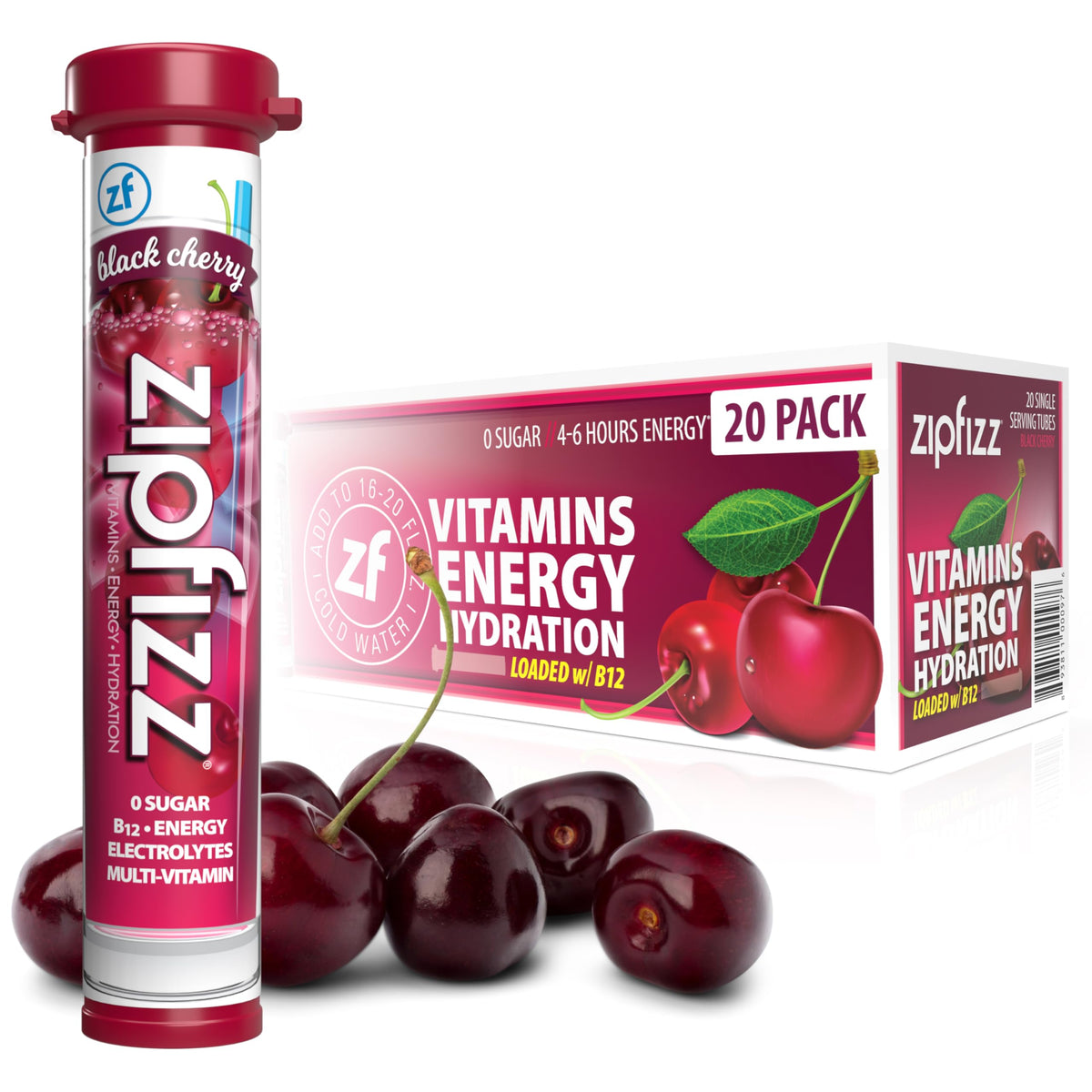 Zipfizz black cherry front packet showing flavor and packaging benefits