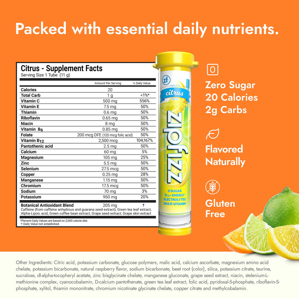 Zipfizz open tube with citrus powder ready to mix for convenience