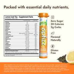 Zipfizz close-up stick packet labeled Lemon Iced Tea, brand easy single-serve portability