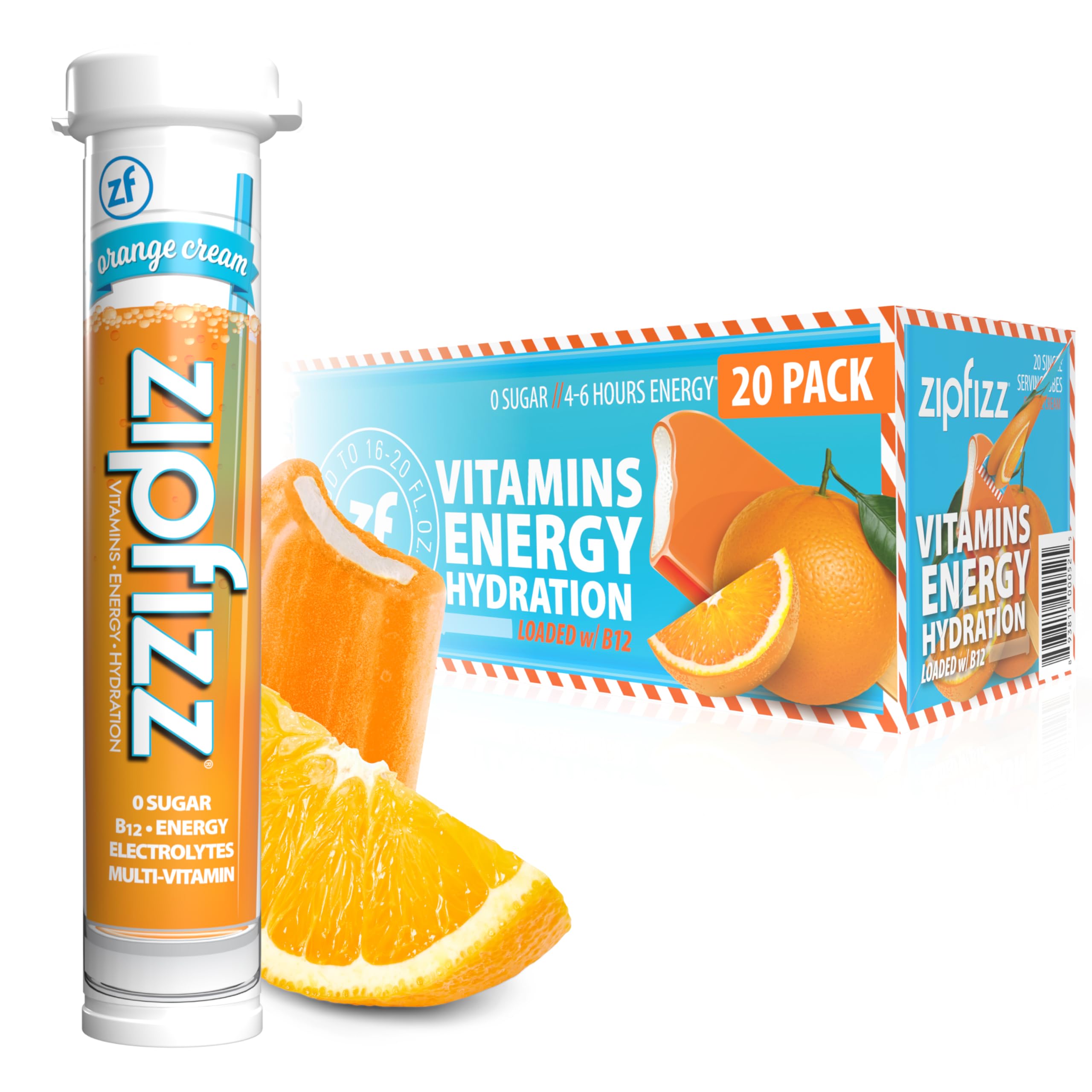 Zipfizz front packaging showing Orange Cream 20-pack and benefits