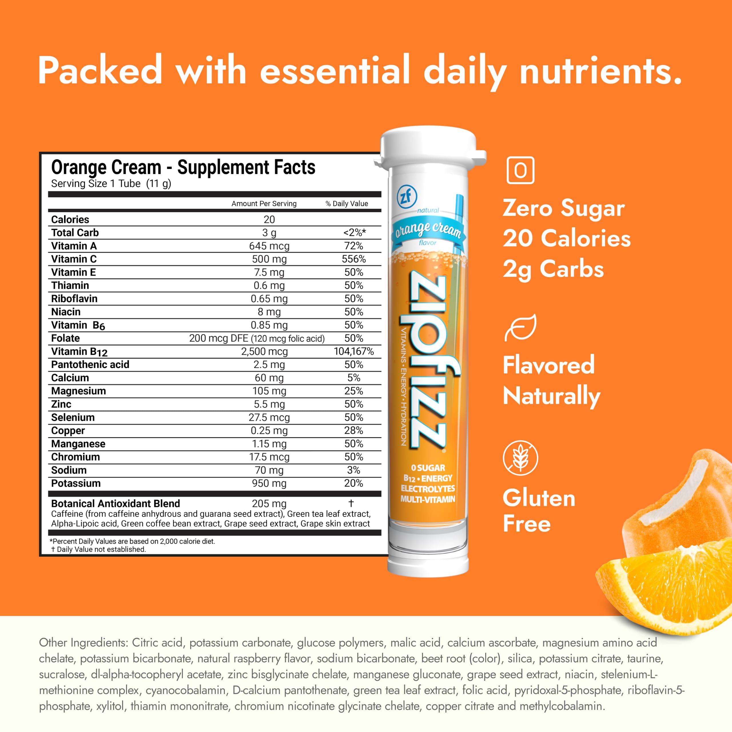 Single Zipfizz Orange Cream tube beside water bottle for convenience