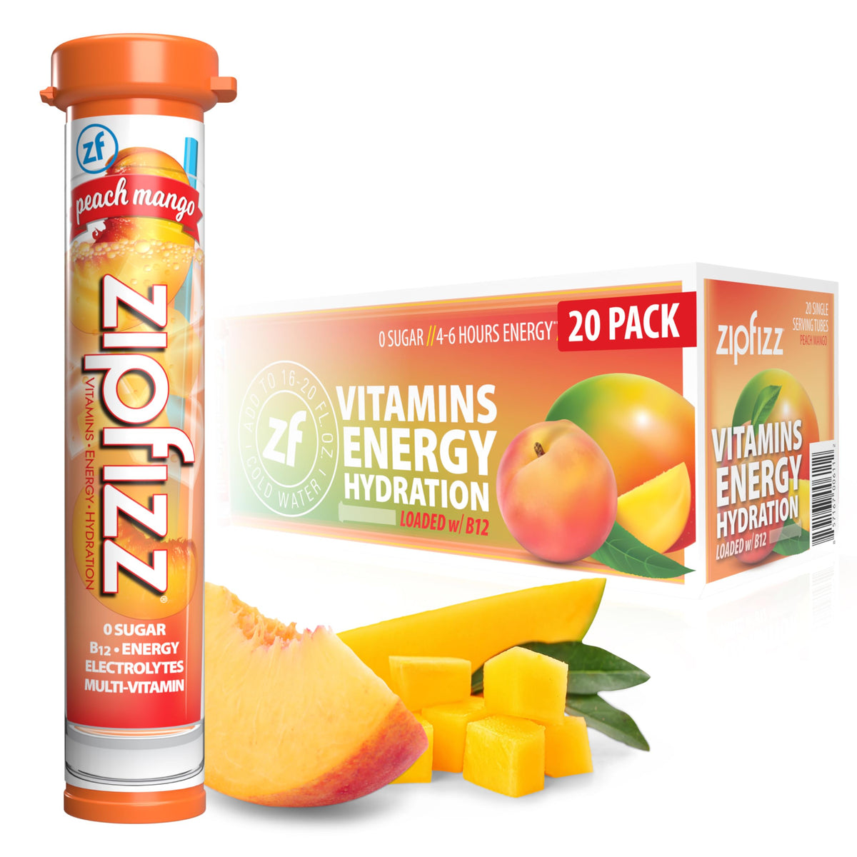 Zipfizz front packaging showing peach mango flavor and energy benefits