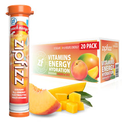 Zipfizz front packaging showing peach mango flavor and energy benefits