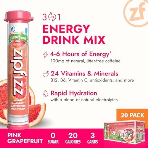 Zipfizz powder close-up texture emphasizing pink grapefruit flavor and easy dissolution benefit