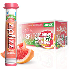 Zipfizz pink grapefruit front pack view showing 20 tubes and branding benefit hydration