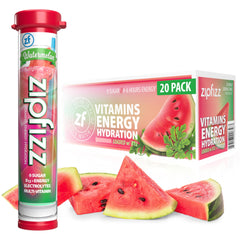 Zipfizz watermelon front packaging showing 20-pack and vibrant design for quick fuel